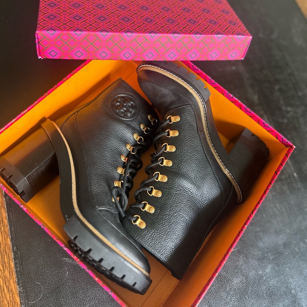 Tory Burch Black Ankle Boots with Gold Accents